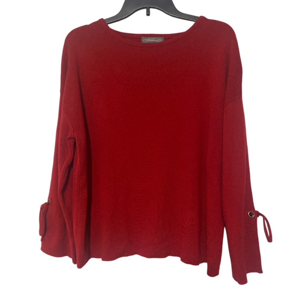 Metric Knits Pretty Detailed Sleeve LS Red Bow Tie Ribbed Knit Sweater - Size M